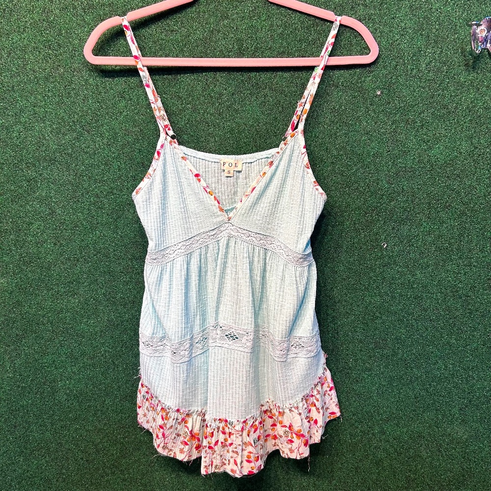 147 NWOT POL V-Neck Sleeveless Floral Print Piping Contrast Tunic Top in Aqua